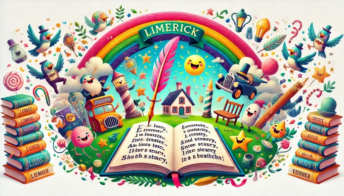 Illustration of a playful limerick poem with whimsical imagery and rhyme.