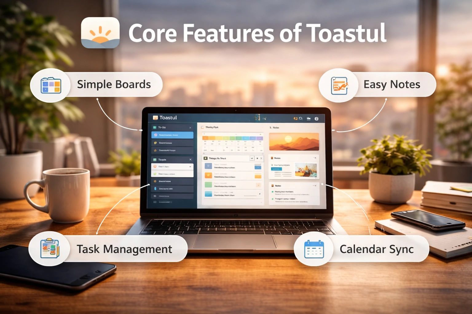 Laptop displaying Toastul's core features including boards, notes, tasks, and calendar, with modern office items and soft natural lighting