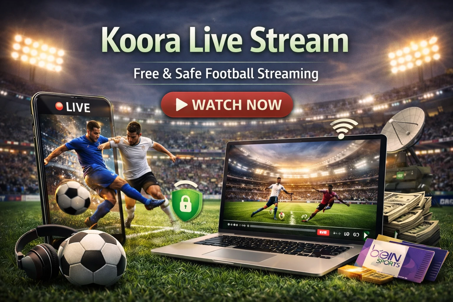 Football players streaming live on smartphone and laptop with Koora Live Stream branding, stadium lights, and secure play icon.