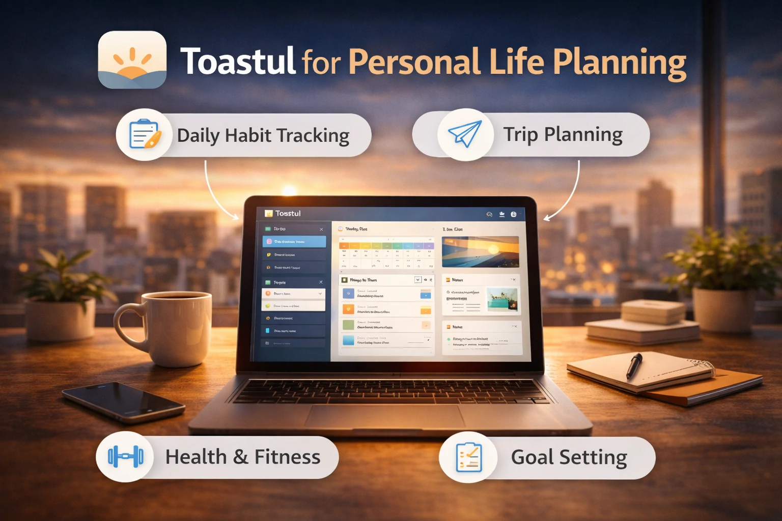 Laptop on a desk showing the Toastul app with sections for habit tracking, trip planning, fitness, and goal setting, with cozy indoor lighting and a sunset city view