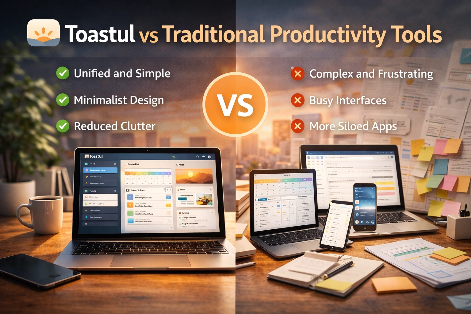 Side-by-side infographic showing Toastul’s clean interface versus a cluttered layout from a traditional productivity app, with simple icons and calm design