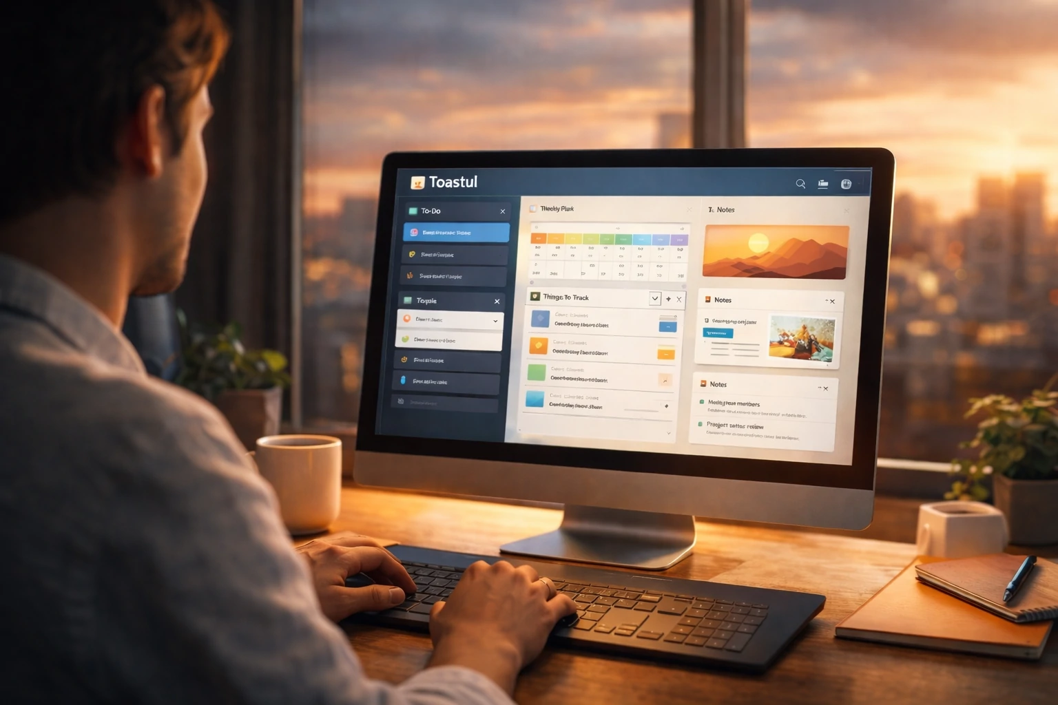 Person using a desktop computer with the Toastul productivity app open, surrounded by a calm home office setup and warm sunset lighting